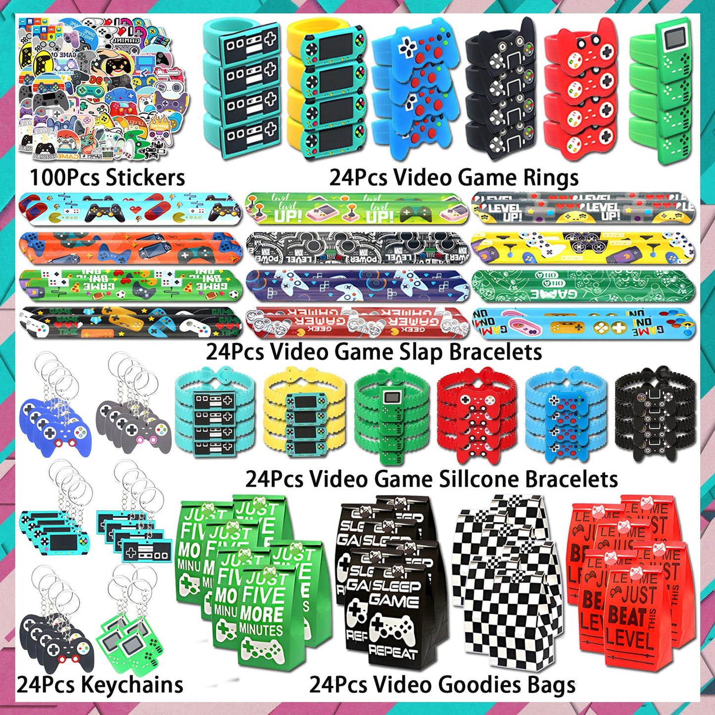 24 Sets of Video Game Party Favors, 220 Pcs Gaming Birthday Goodie Bags Including Game Keychain, Gift Bags, Slap Bracelet, Game Ring, Stickers, Hand Strap for Gaming Kids