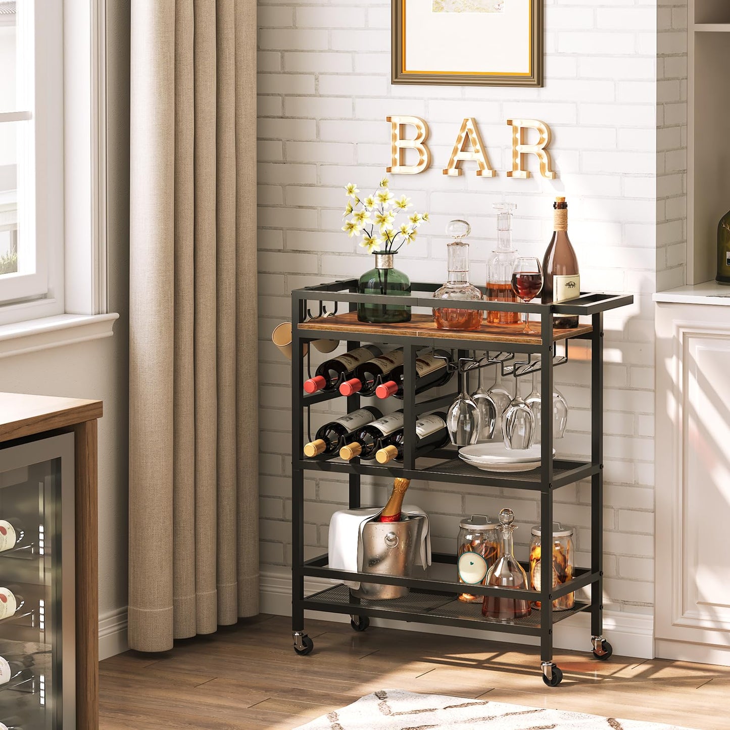 MAHANCRIS Bar Cart for The Home, 3-Tier Serving Cart with Wheels and Handle, Beverage Cart with Wine Rack and Glass Holder for Kitchen, Dining Room, Rustic Brown RCHR6101