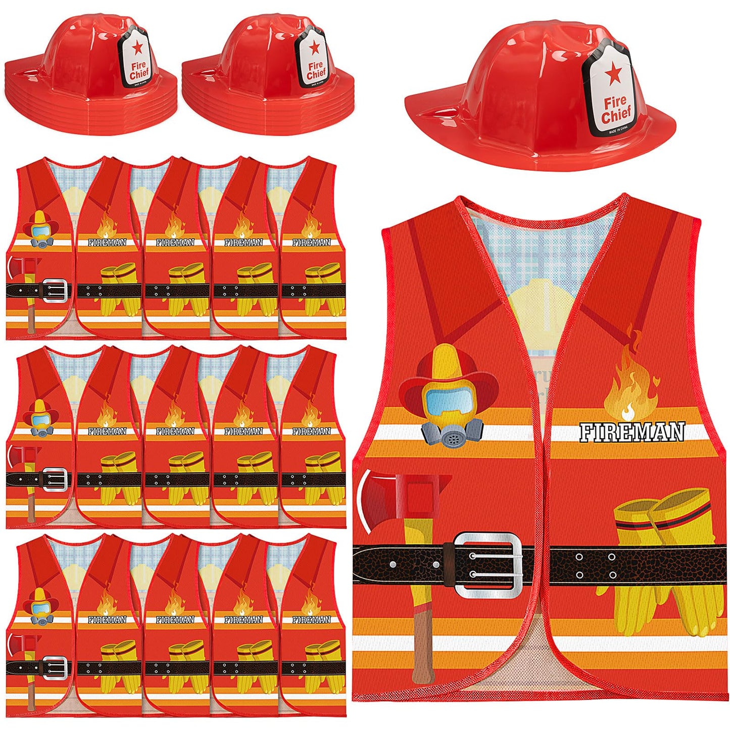 24 Pcs Fireman Costume Set for Kids, Fireman Role Play Party Supplies for Kid Birthday Halloween Role Play Party Dress