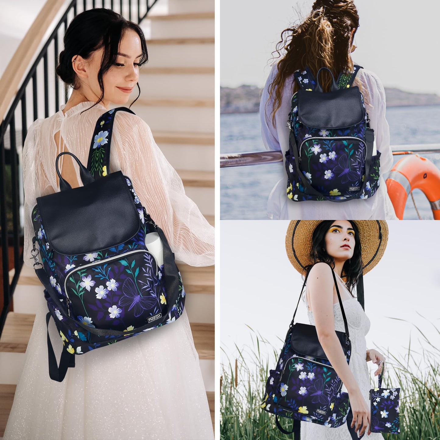 Fmeida Backpack for Women 14" Travel Laptop Backpack with Extra Small Wristlet Wallet Sac a Dos Femme Casual Daypack School