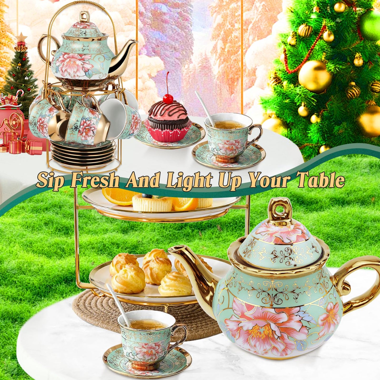 20 Pcs Porcelain Tea Set with Metal Holder, Adult Tea Sets Gift, European Ceramic Tea Set for Adults, Flower Tea Cup Saucer Set for Party with Gold Flower Painting (Fresh Green)