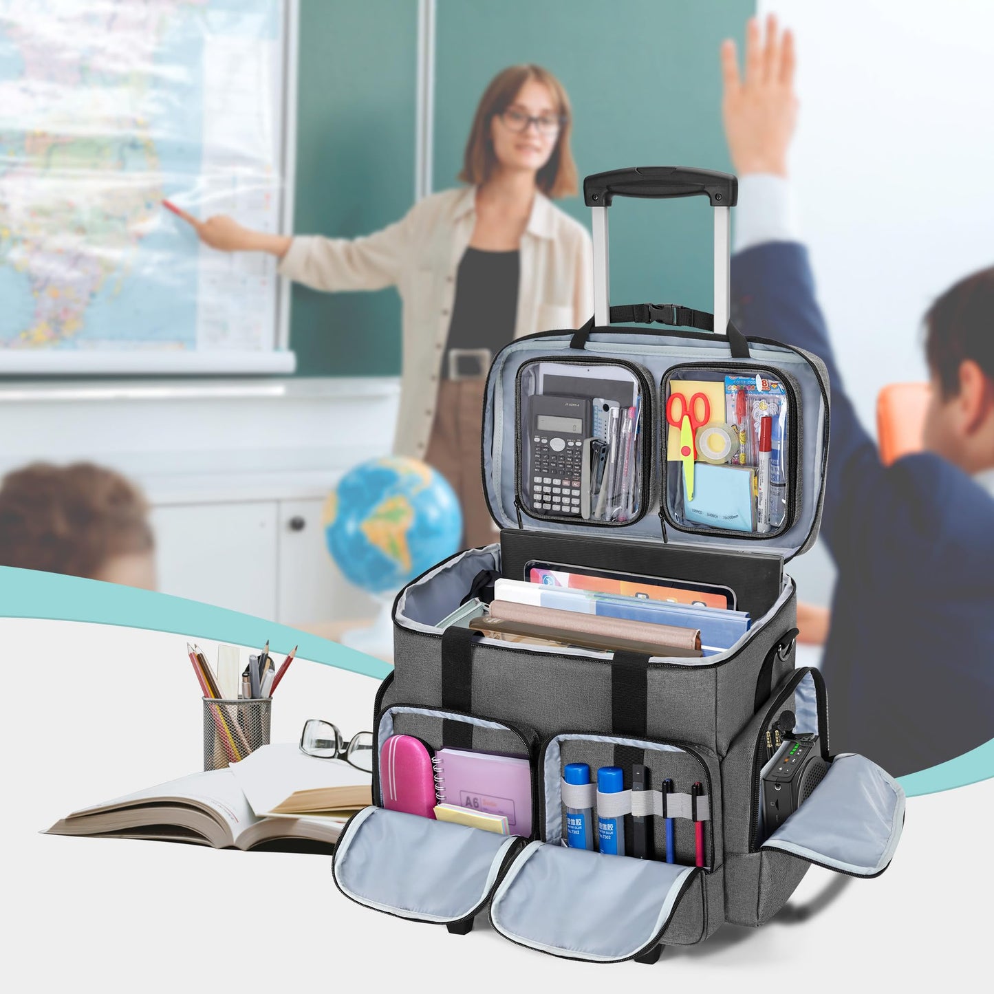 CURMIO Rolling Teacher Tote Bag with Padded Laptop Compartment for up to 15.6 Inches Laptop, Wheeled Teacher Bag for Teaching, Office, Craft or Tutoring Supplies, Gray