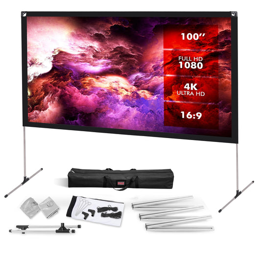 Pyle Projector Screen with Stand - 100" 16:9 HD 4K Portable Lightweight Freestanding Foldable Indoor Outdoor Movie Projection Display with Frame for Home Theater