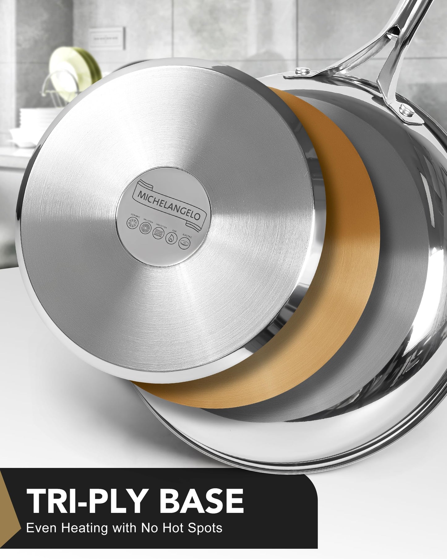 MICHELANGELO Stainless Steel Frying Pan Set, 8" 10" Cooking Pan Set with Triply Base, Stainless Steel Skillet with Ergonomic Handle, Induction Compatible