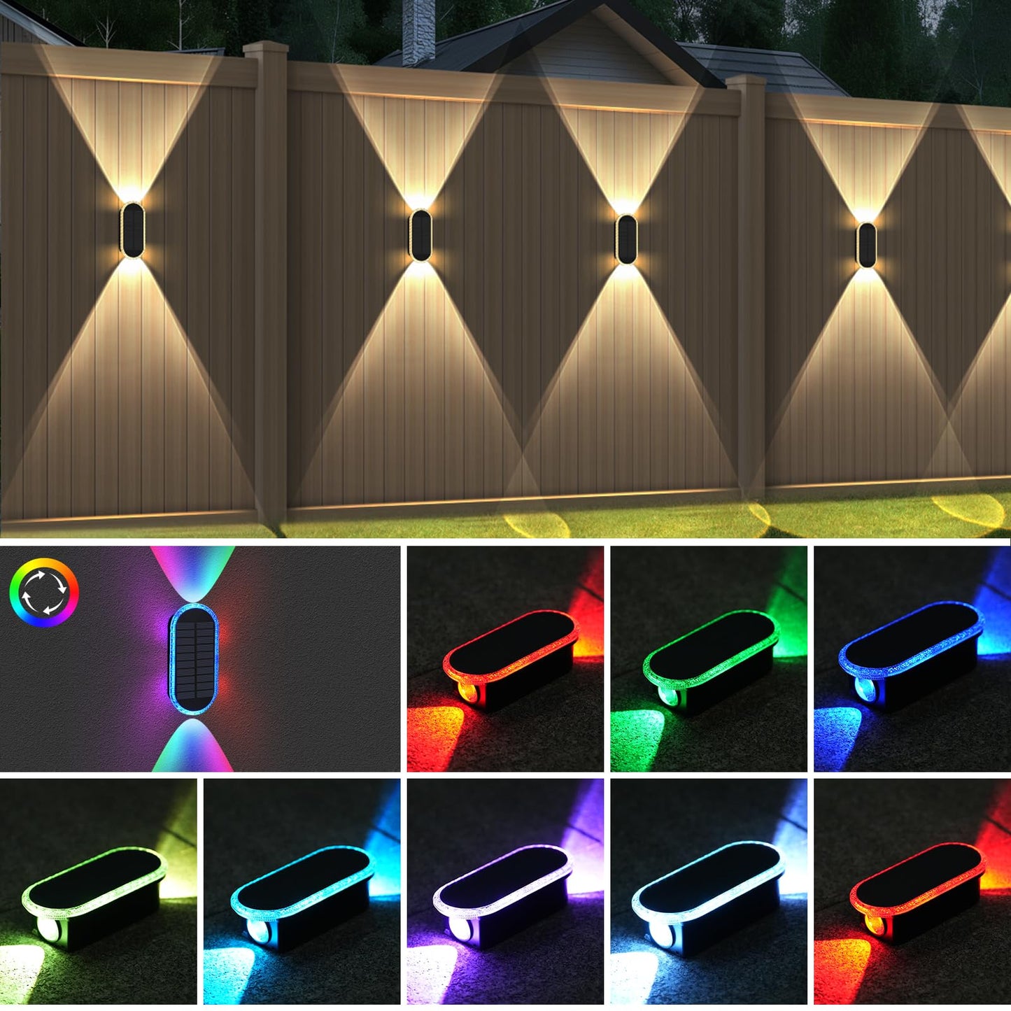4 Pack Solar Fence Lights, RGBW 8-Color Changing Waterproof Top and Bottom Lighting Wall for Landscape/Fence/Patio/Wall/Garden Christmas Solar Lights (2 Installation Modes)