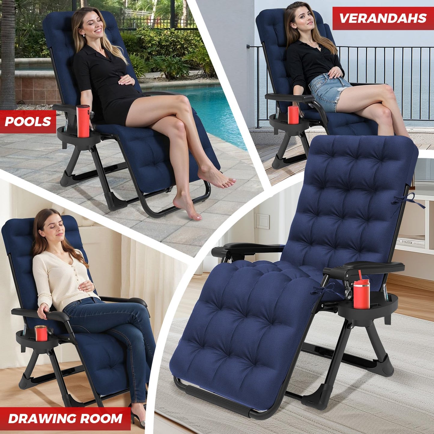 Outdoor Patio Lounge Chair Cushion, Waterproof Chaise Lounge Chair Cushion for Outdoor Indoor Furniture, Soft Thickened Zero Gravity Chair Cushions with Ties, 66x21x4 Inches，Blue
