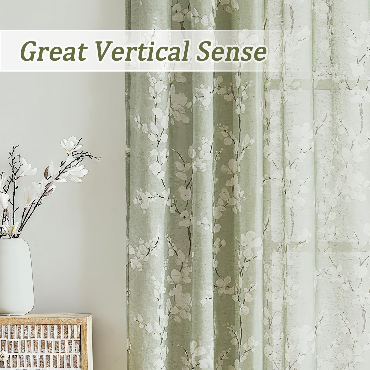 FMFUNCTEX Sage Green Sheer Curtains for Living Room White Floral Print Curtains 84 Inches Long for Bedroom Plum Blossom Flax Linen Blend Drapes Semi Sheer Rod Pocket Window Curtains 2 Panels Green