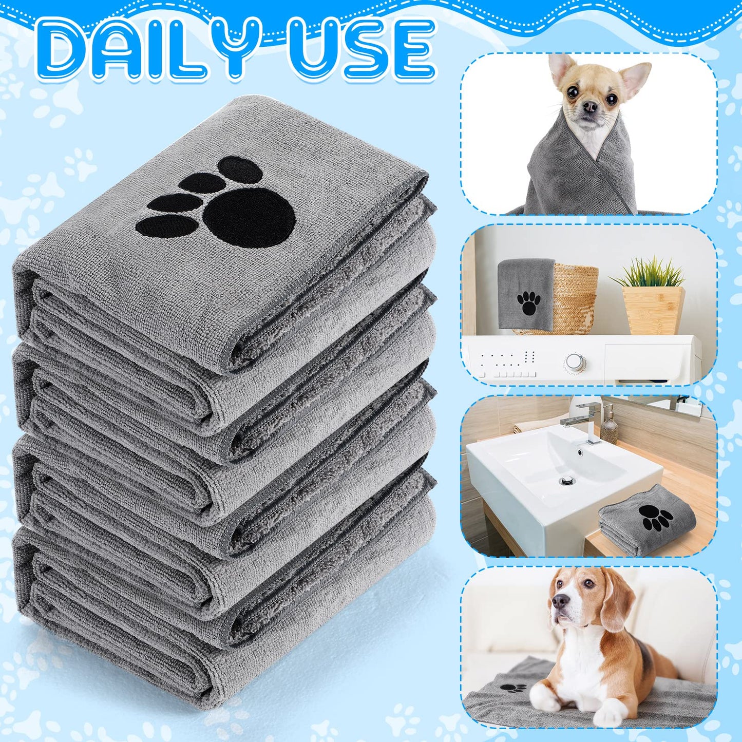 Chumia 4 Pack Dog Towels for Drying Pet Grooming Absorbent Dogs Soft Microfiber Quick Drying Winter Large Medium Small Puppy Bath Towels for Kitten Cats Pets(40 x 24 Inch,Gray)