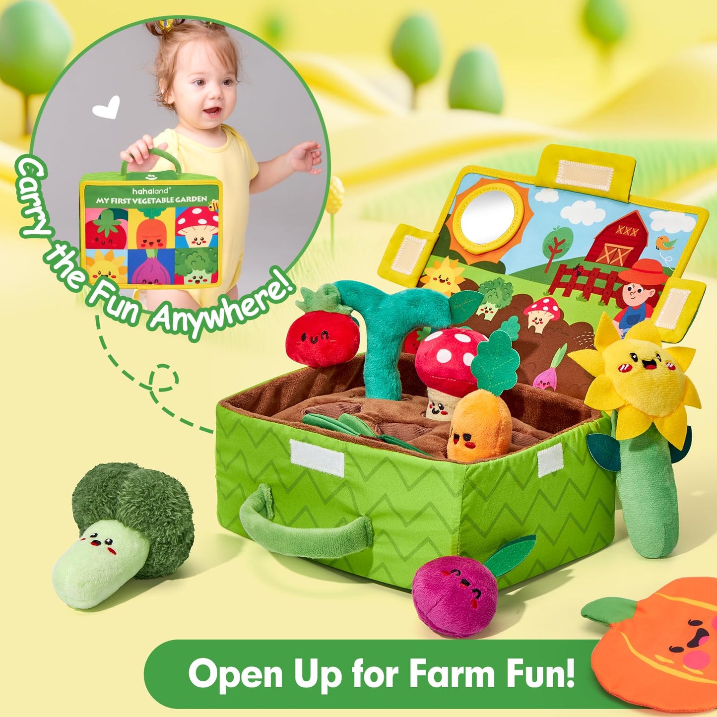 hahaland Baby Toys 6-12 Months - Fruits Vegetables Garden Plant Plush, 6 Month Old Toys Sensory Toy Carrot Flower with Rattles, Mirror, Squeaker, Textures, Crinkle Tissues for Babies