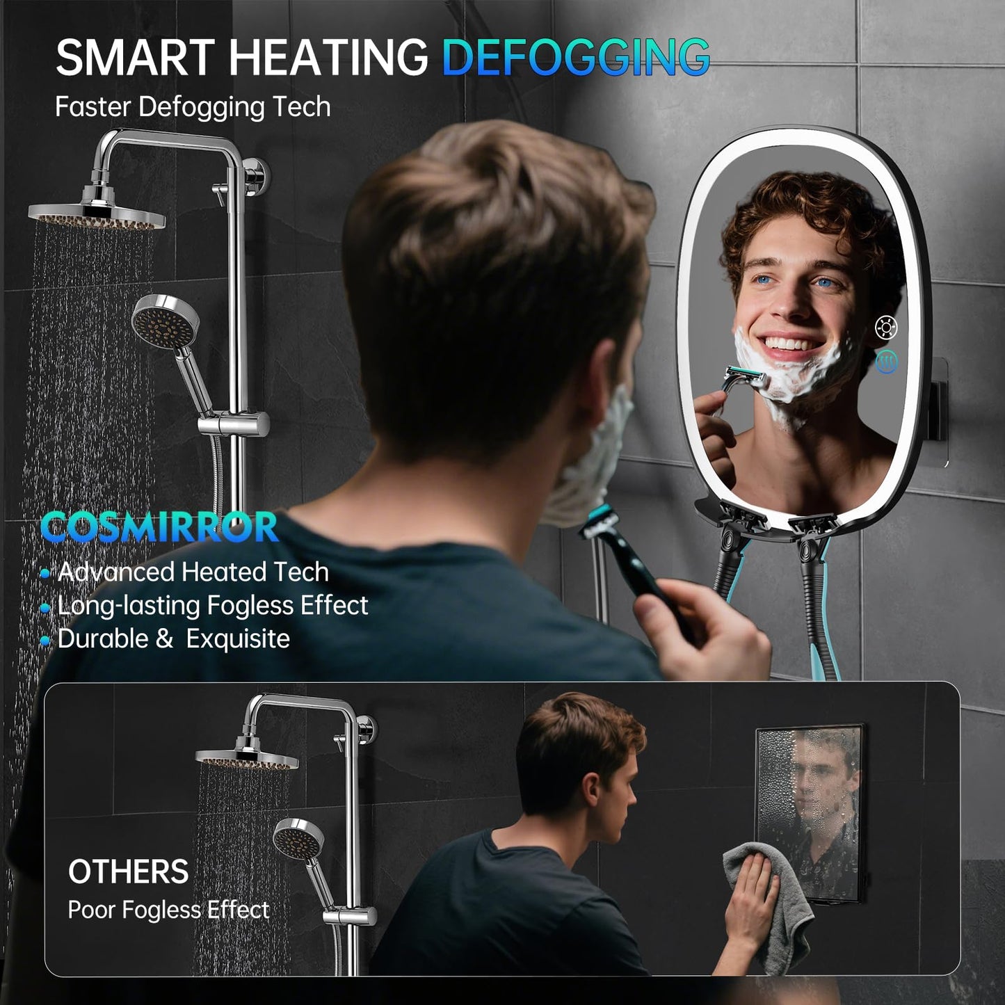 COSMIRROR Heated Shower Mirror Fogless for Shaving, Lighted with 3 Color Modes, Dimming, Rechargeable, Anti-Fog, 360°Rotation, 8.5L x 6.7W inches, Wall Mount