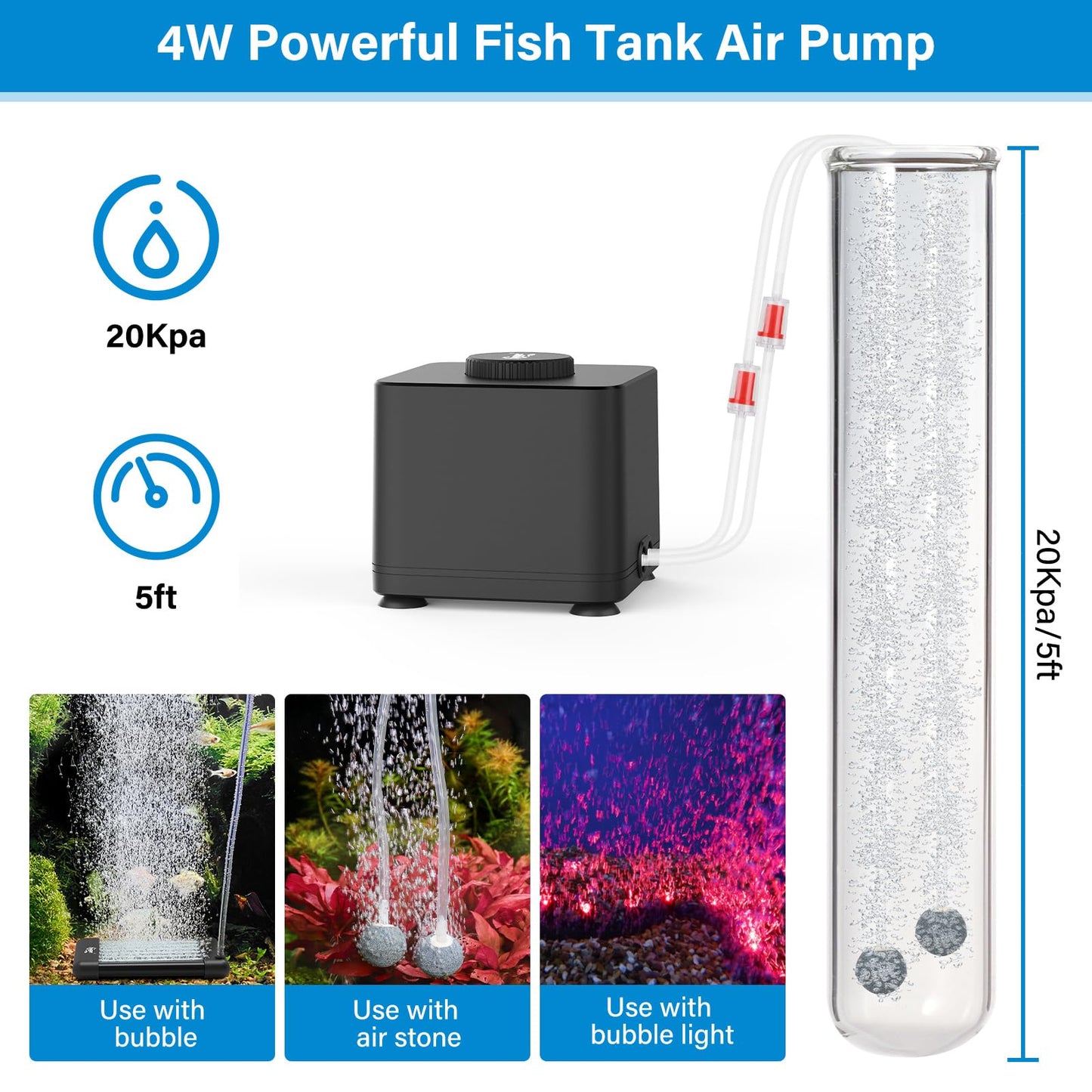 hygger Aquarium Air Pump, Quiet Adjustable Fish Tank Air Pump, 4W/7W/11W Powerful Oxygen Aerator Dual Stainless Steel Outlets with Air Stone Bubbler for Small Medium Large Fish Tank, Hydroponic, 4W