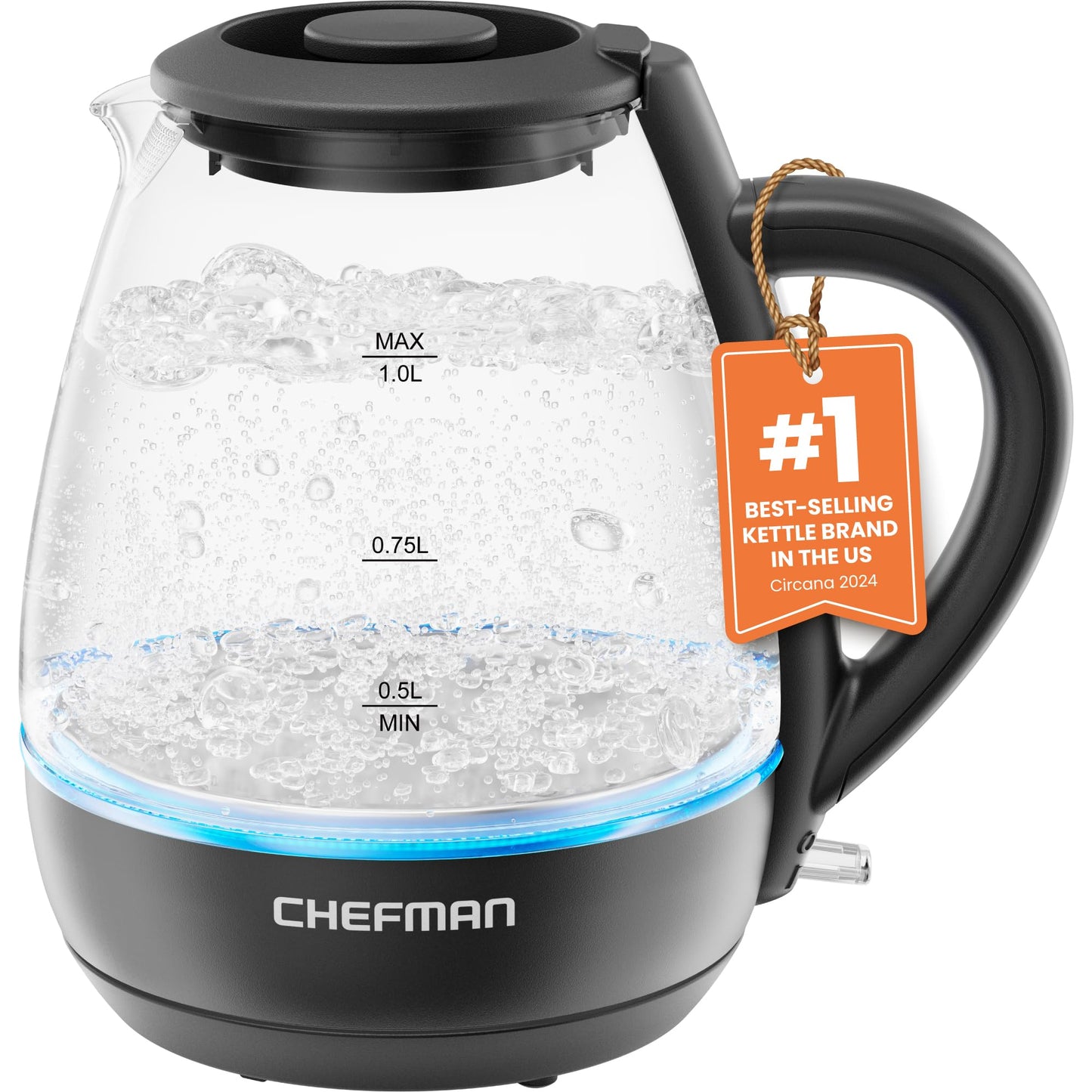 Chefman 1L Electric Tea Kettle with LED Lights, Automatic Shut Off, Removable Lid, Boil-Dry Protection, Hot Water Electric Kettle Water Boiler, Electric Kettles for Boiling Water