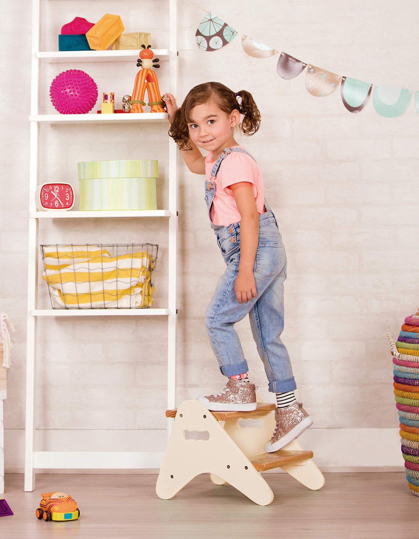 B. toys – Step Stool for Kids – Ivory & Wood Stepping Stool for The Bedroom, Bathroom, Kitchen – Furniture for Toddlers – Peek – A – Boost – 2+ Years