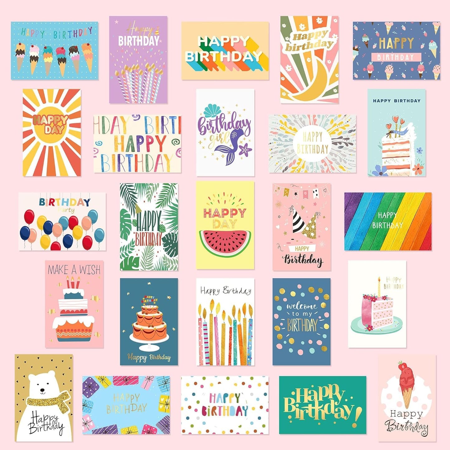 Timenued 100 Pcs Birthday Cards Bulk with Envelopes Happy Birthday Cards, Box Of Birthday Cards Assorted Birthday Cards Pack Funny Greeting Cards Assortment Birthday Cards for Kids Girls Friends Teacher Men