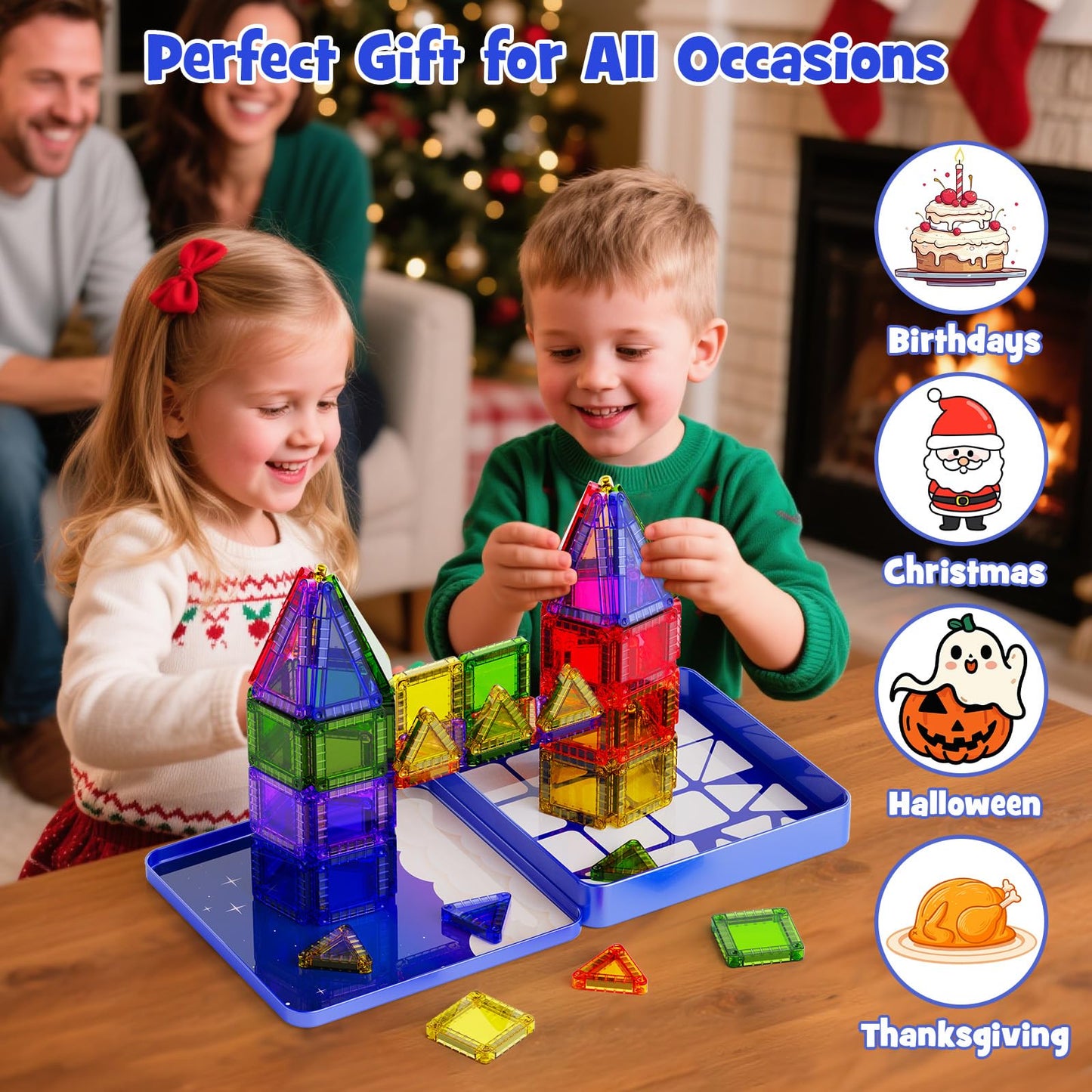 Mini Magnetic Tiles Travel Kit for Kids Ages 3-8, 60pcs Portable Magnetic Building Blocks with Visual Storage Guide & Metal Play Base, STEM Sensory Toys for Preschool Learning