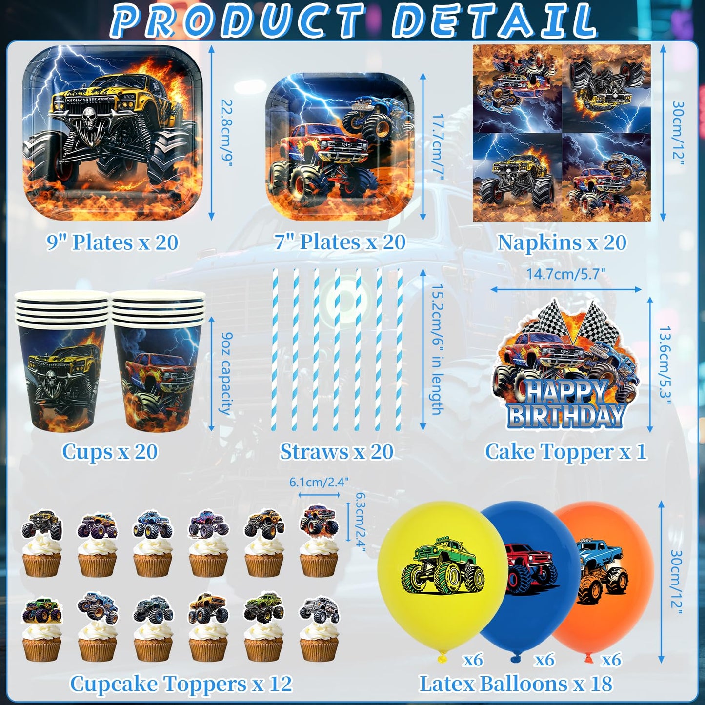 Obussgar Monster Truck Birthday Party Decorations - Monster Truck Party Supplies including Backdrop, Plate, Cake Topper, Cup, Napkin, Balloon, Tablecloth - Serves 20 (BJ)