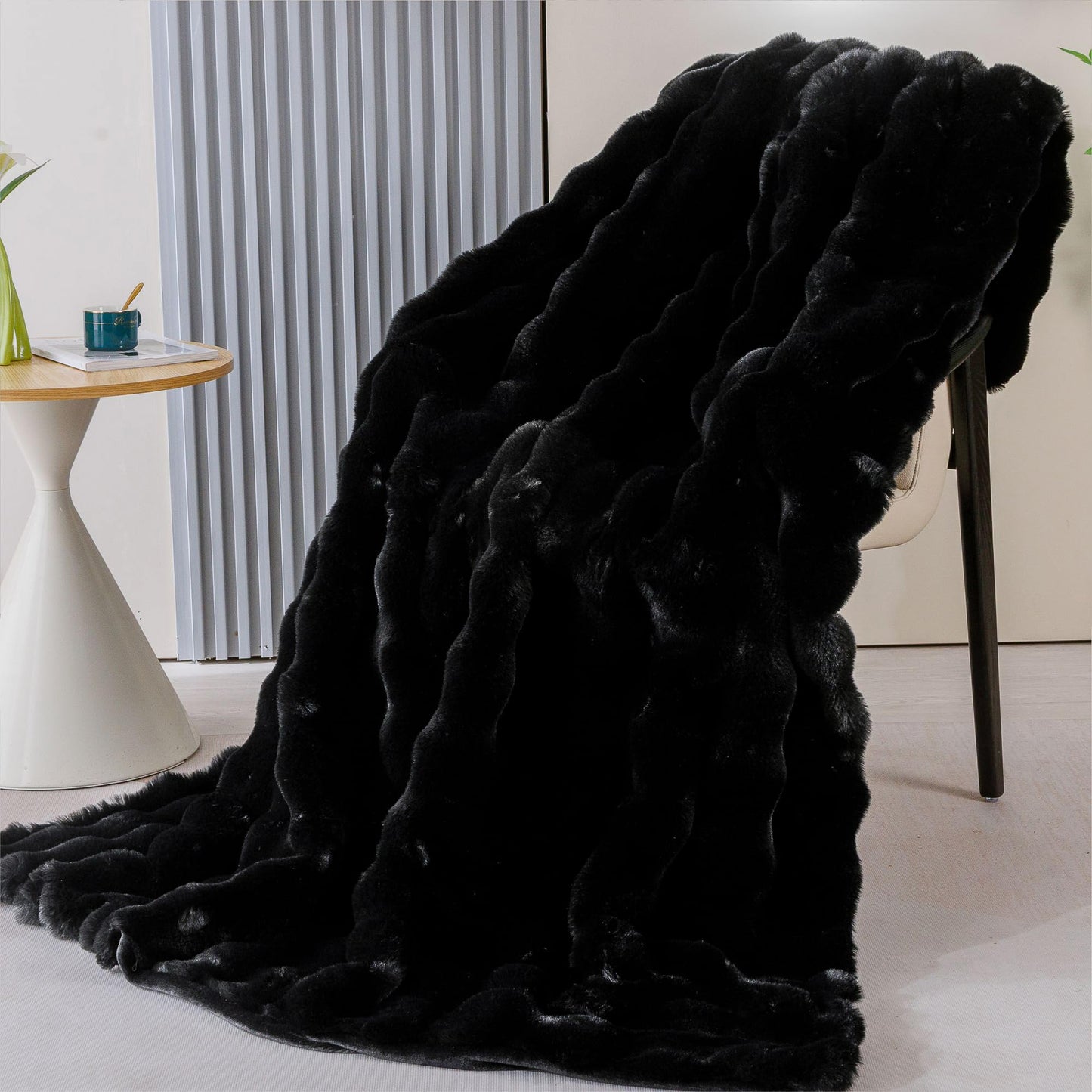 BlanketSolution Fluffy Furry Black Faux Fur Throw Blanket for Couch Bed 50x60 Fuzzy Bubble Soft Blanket for Adults Gift Home Living Room Decorative Decor 860 GSM