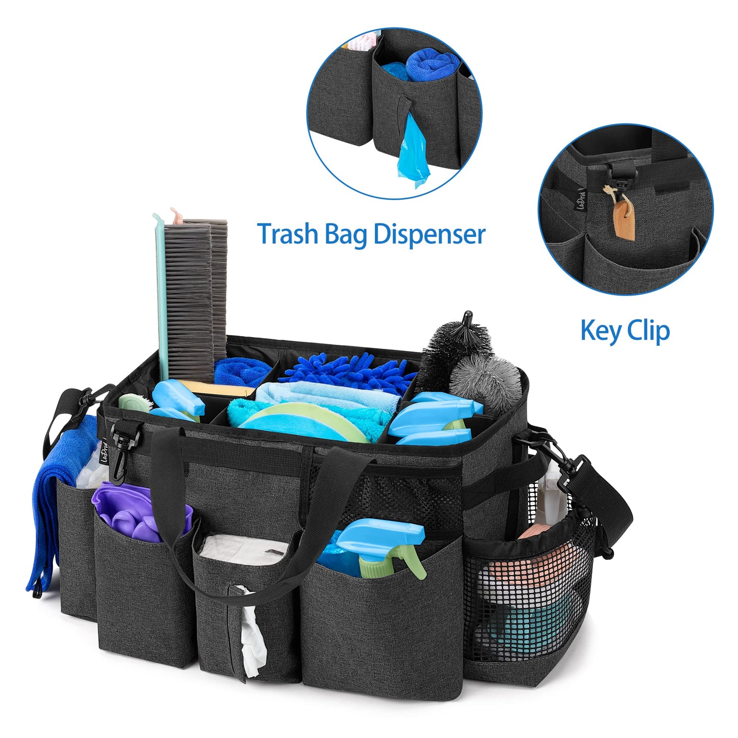 LoDrid Wearable Cleaning Caddy Bag with 4 Foldable Dividers, Tote Organizer with Shoulder Strap and Side Handles for Cleaners & Housekeepers, Black, Bag Only