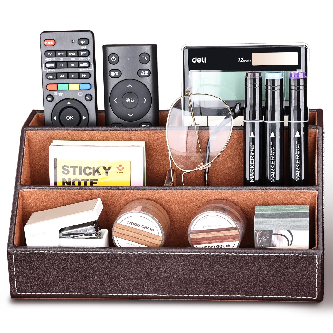 KINGFOM Leatherette Multi-Function Desk Organizer Storage Box, 5 Compartments Office Supplies Caddy, Pen/Pencil, Cell Phone, Business Name Cards, Note Paper, Remote Control Holder Organizer