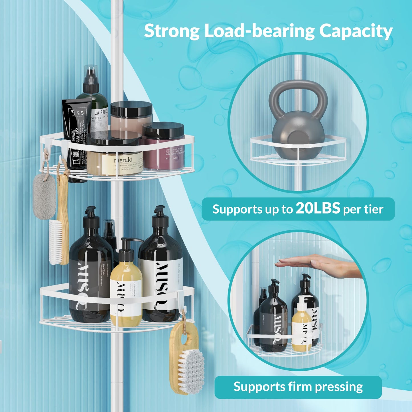 TIMIANO Shower Caddy Tension Pole, 4-Tier Adjustable Corner Shower Standing Caddy, Rustproof Shower Rack for Bathroom Bathtub, with 4 Shelves, No Drilling Shower Shelf for Inside Shower (White)