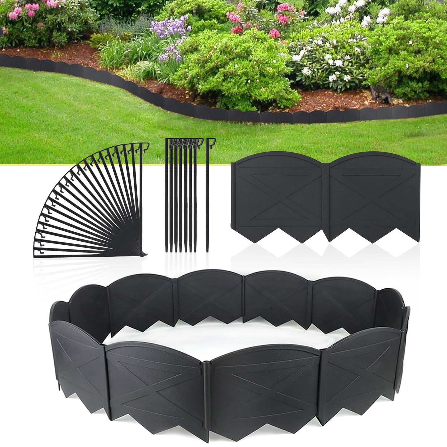 Vashly 20Pcs Black Garden Edging Border, Plastic Garden Edging with 20Ft Length and 20Pcs Anchoring Stakes Kit for Lawn, Flower Garden, Outdoor Patio, Pathway