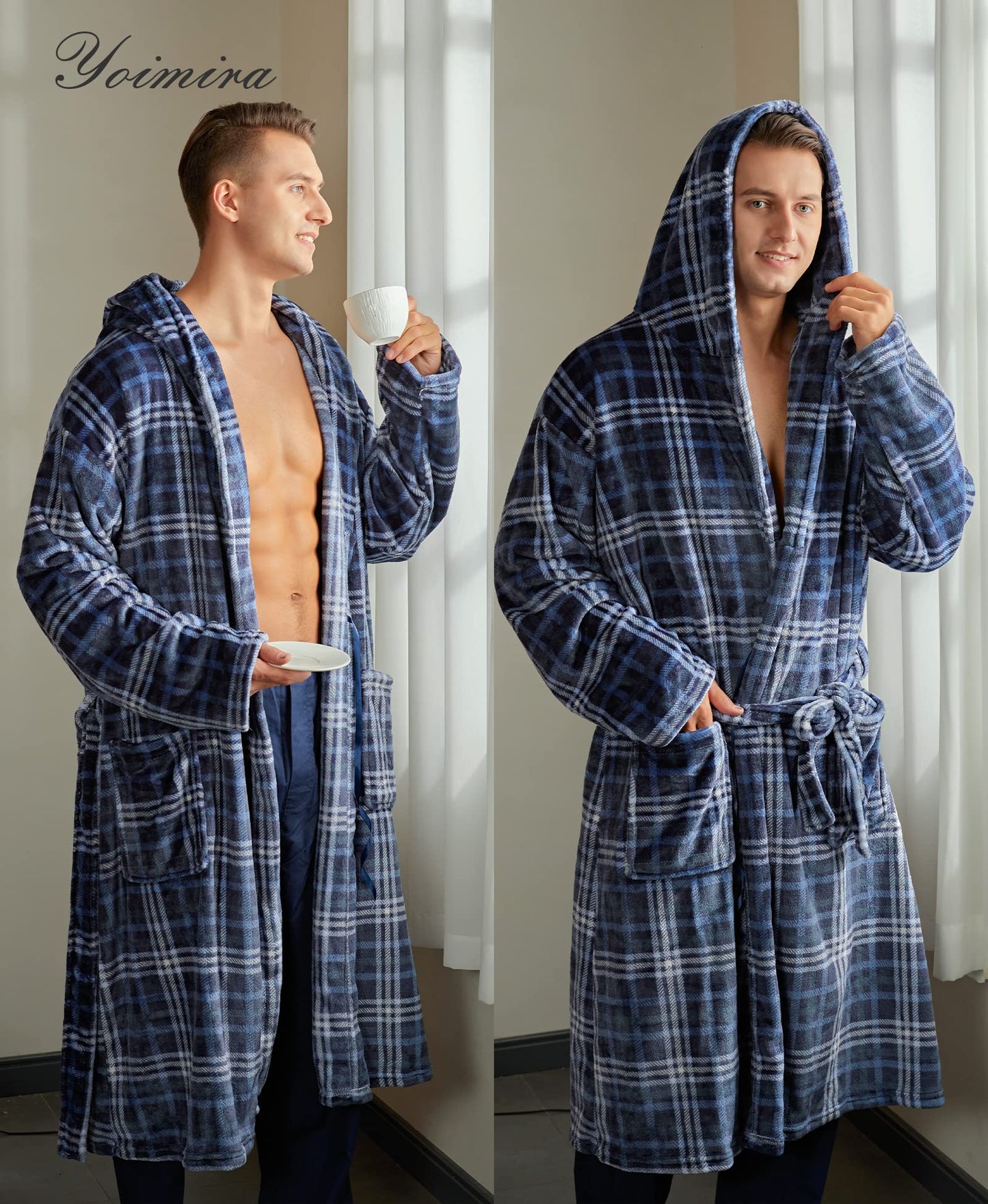Mens Robe with Hood, Cozy Fluffy Robe for Men Luxury Plush Fleece Plaid Bathrobe for Winter