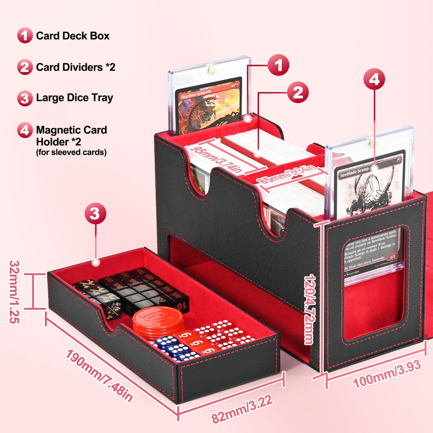 Card Deck Box for MTG, Double Card Storage Box with 2 Commander Display & Dice Tray, Fits 200+ Double Sleeved Cards, Card Organizer for CCG TCG Sports Cards (Black&Red)