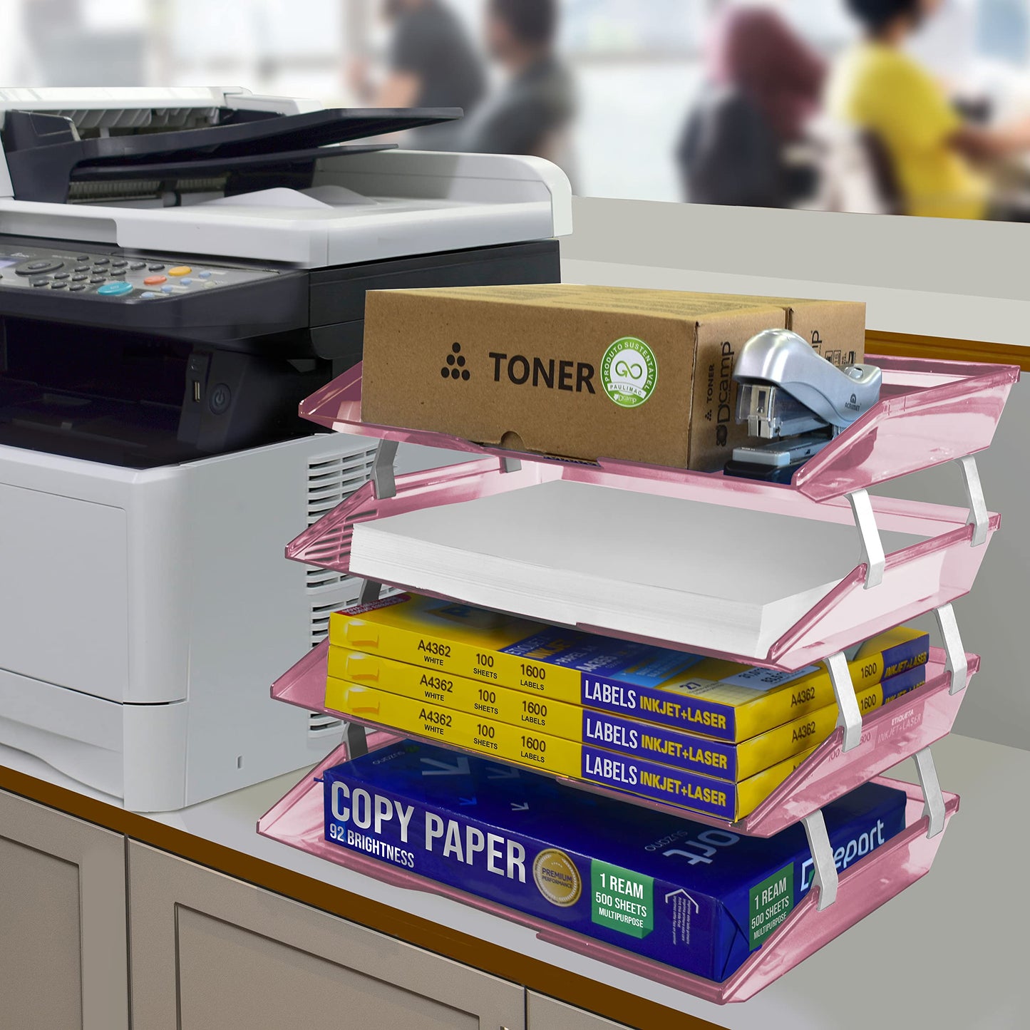 Acrimet Facility 4 Tier Letter Tray, Side Load, Letter Size/A4, Desktop File Organizer, Plastic(Clear Pink)