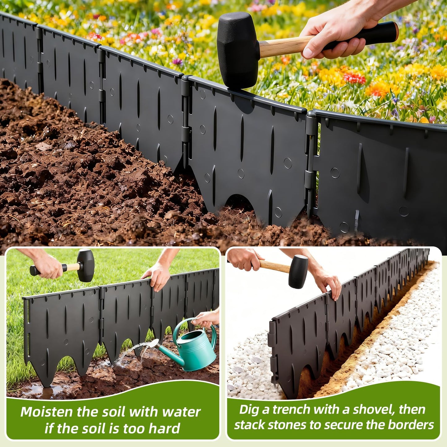80PCS Garden Edging Border - 40FT Sturdy Landscape Flower Bed Lawn Edging Borders, Heavy Duty Plastic Garden Fence Landscape Border, Interlocking Design for Patio Yard Pathway Sidewalk