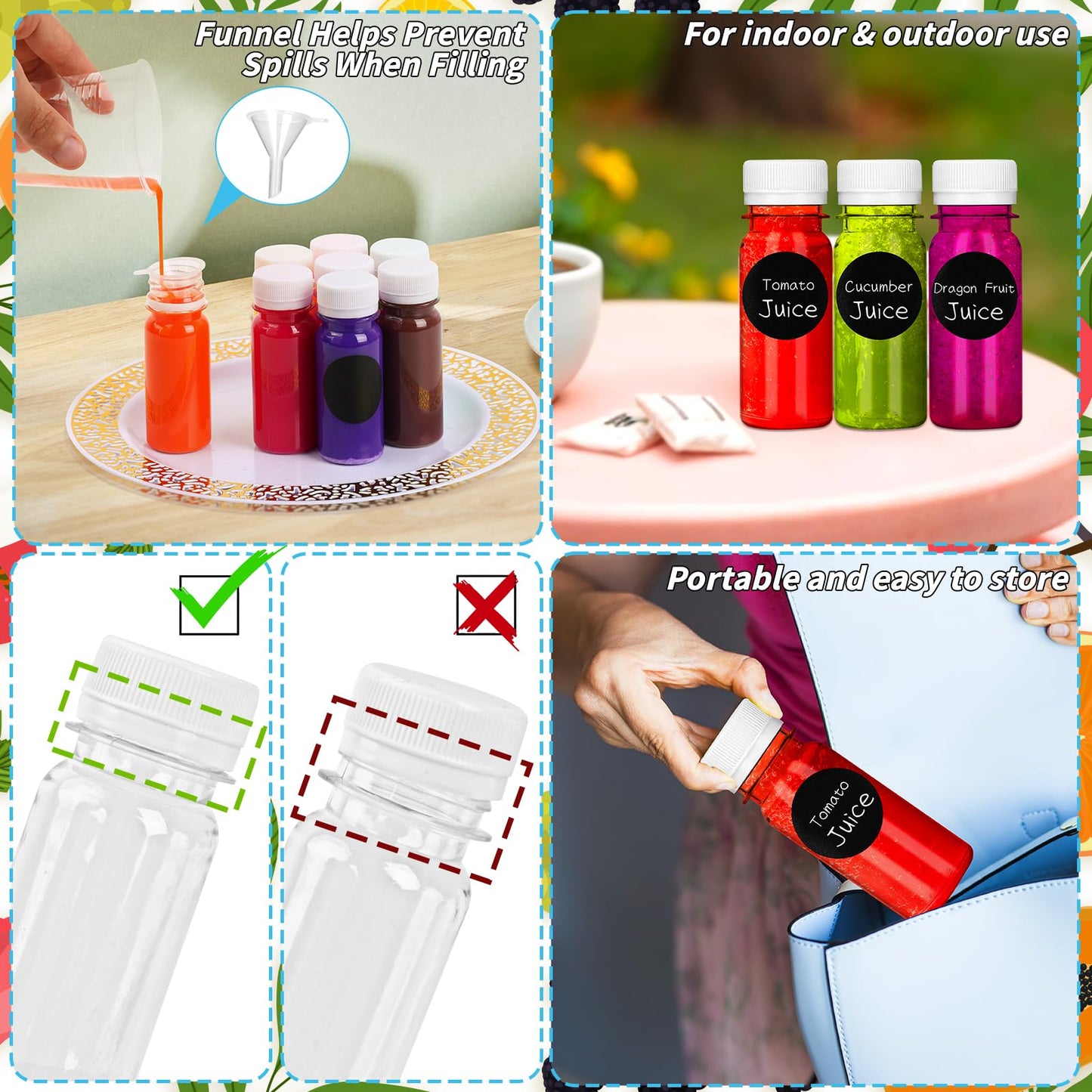 UZLU 165 Pcs 2 oz Small Plastic Juice Bottles with White Caps Mini Clear Ginger Shot Containers with Tamper Proof Lids Reusable Travel Bottles with Funnels Labels for Juice Milk Water Other Beverages