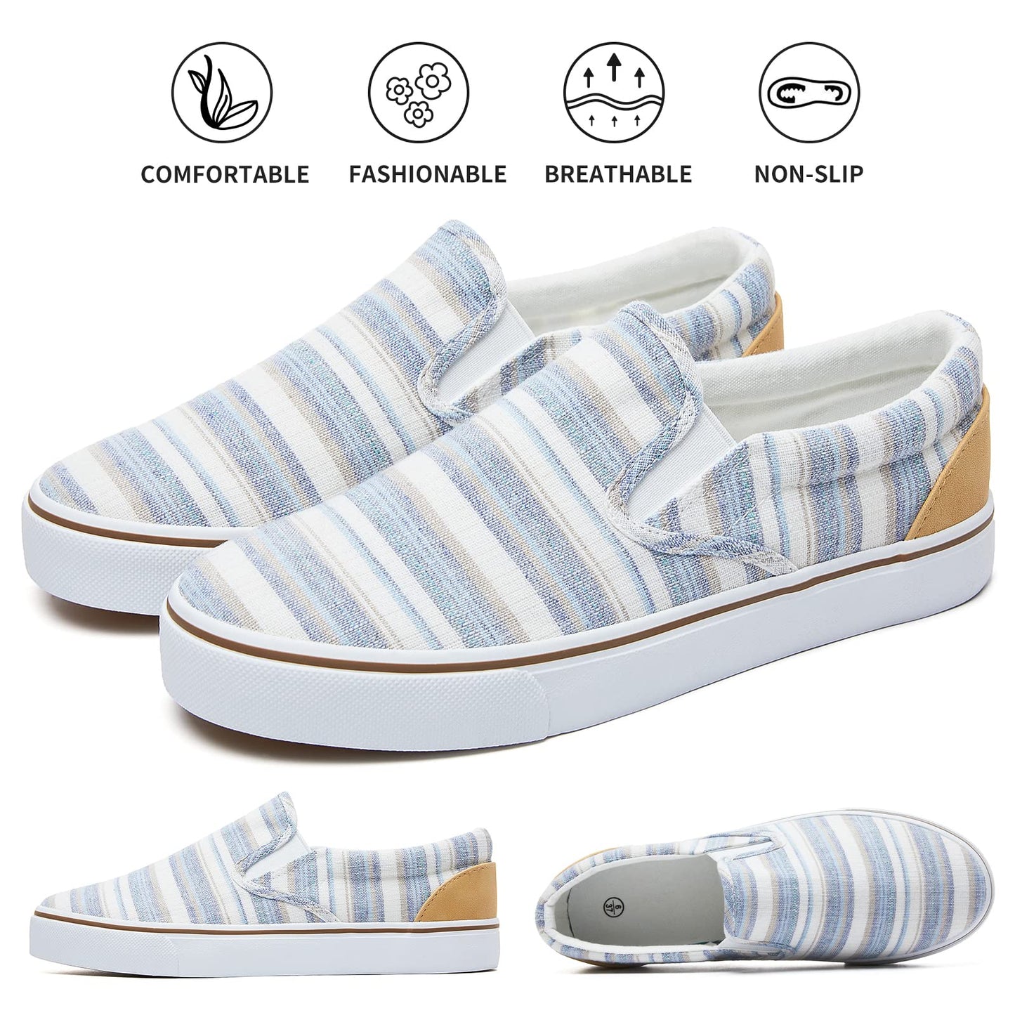 Women's Slip on Shoes Canvas Sneakers Loafers Non Slip Shoes Low Top Casual Shoes, Light Blue Stripes, 7.5