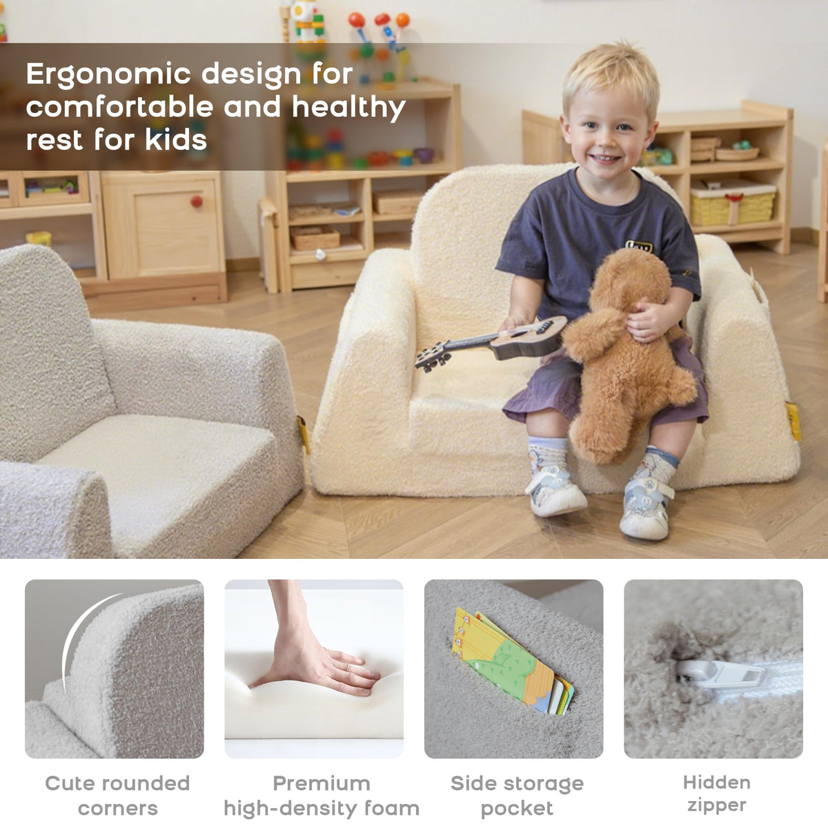 BanaSuper Wide Kids Sofa, Convertible Foam Couch for Children 3-8, Gray
