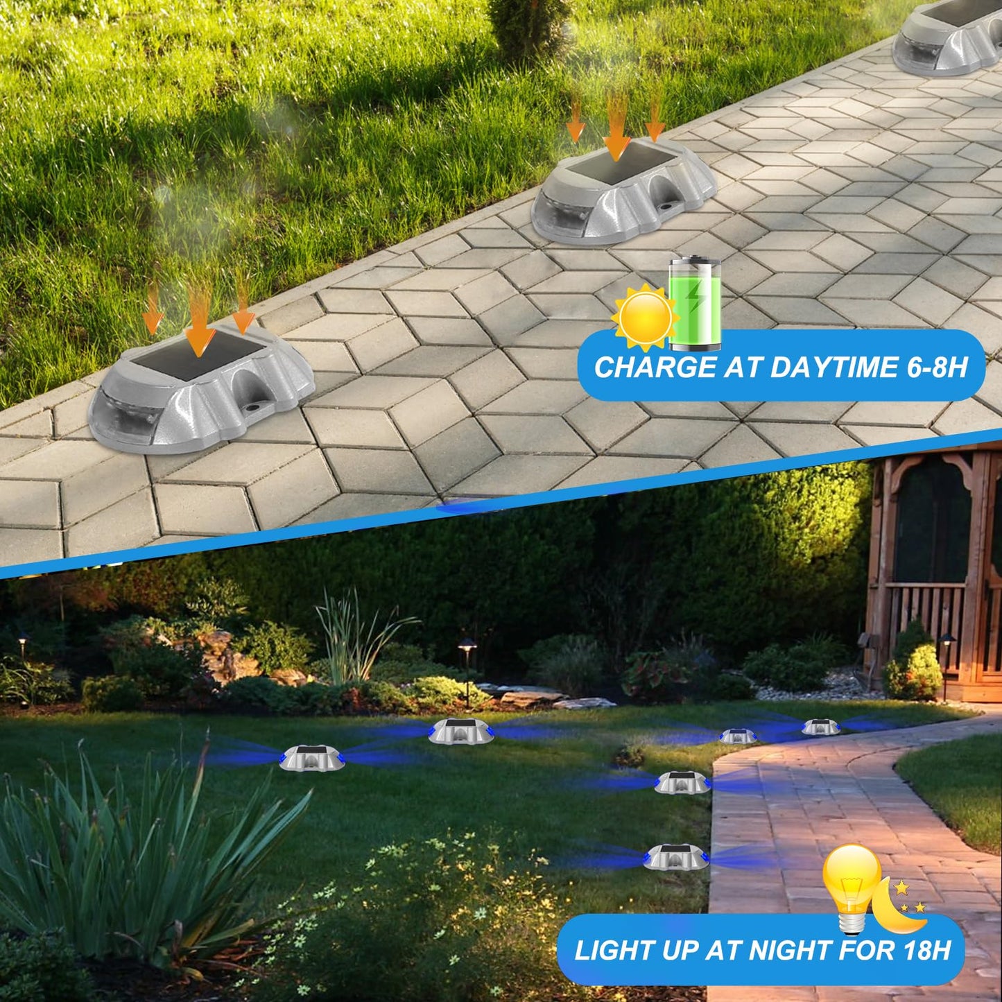Solar Deck Lights, 8 Pack Driveway Dock Light Solar Powered LED Outdoor IP68 Waterproof Road Markers, Warning Step Light Driveway Light for Sidewalk Garden Path Stair Road Yard, Blue Light