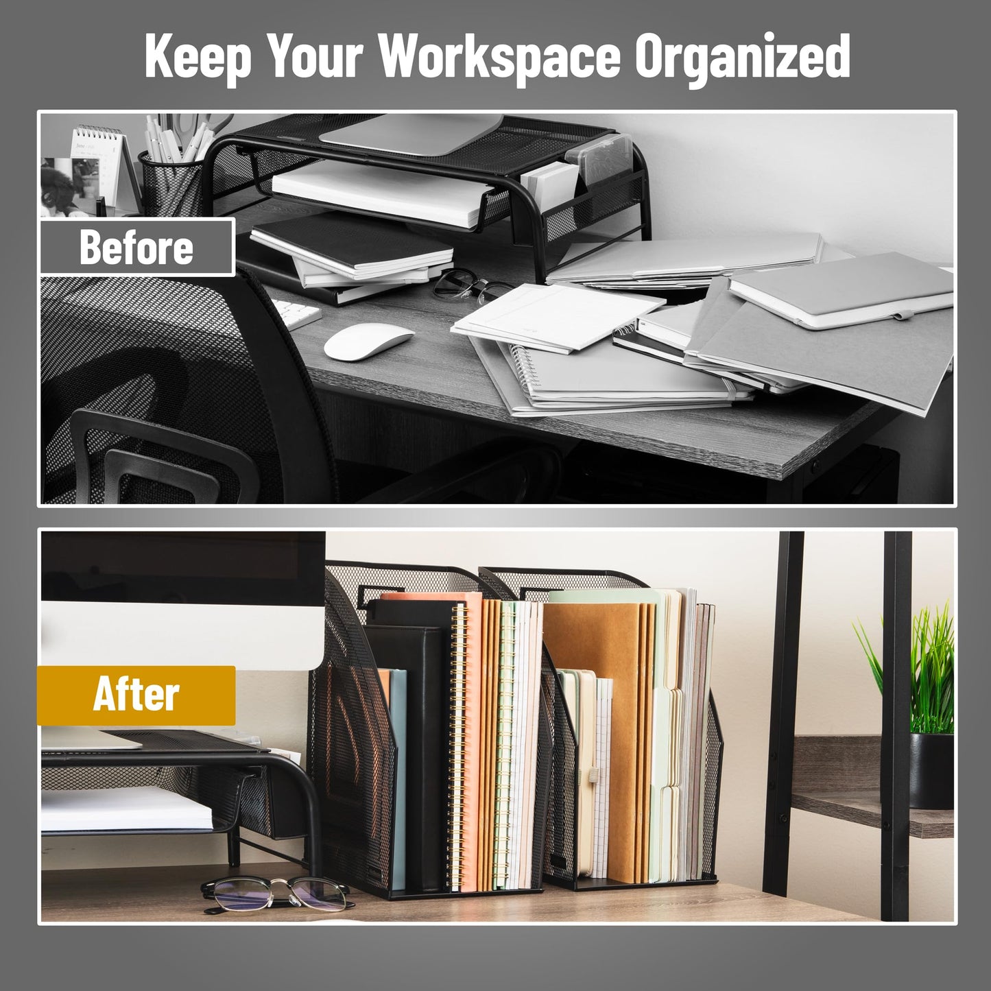 Mind Reader Vertical File Storage, Desktop Organizer, Workspace, Office, Metal Mesh, 15.9Lx25.4Wx31.8Hcm, Set of 2, Black