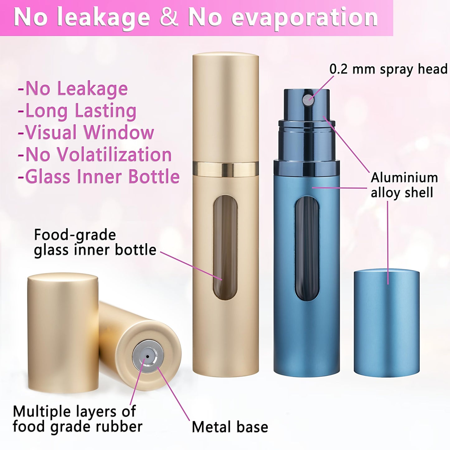 Qavhun Travel Perfume Atomizer - 4-Pack 5ml Leakproof Refillable Bottle, Fragrance Spray (Black, Gold, Blue, Pink)