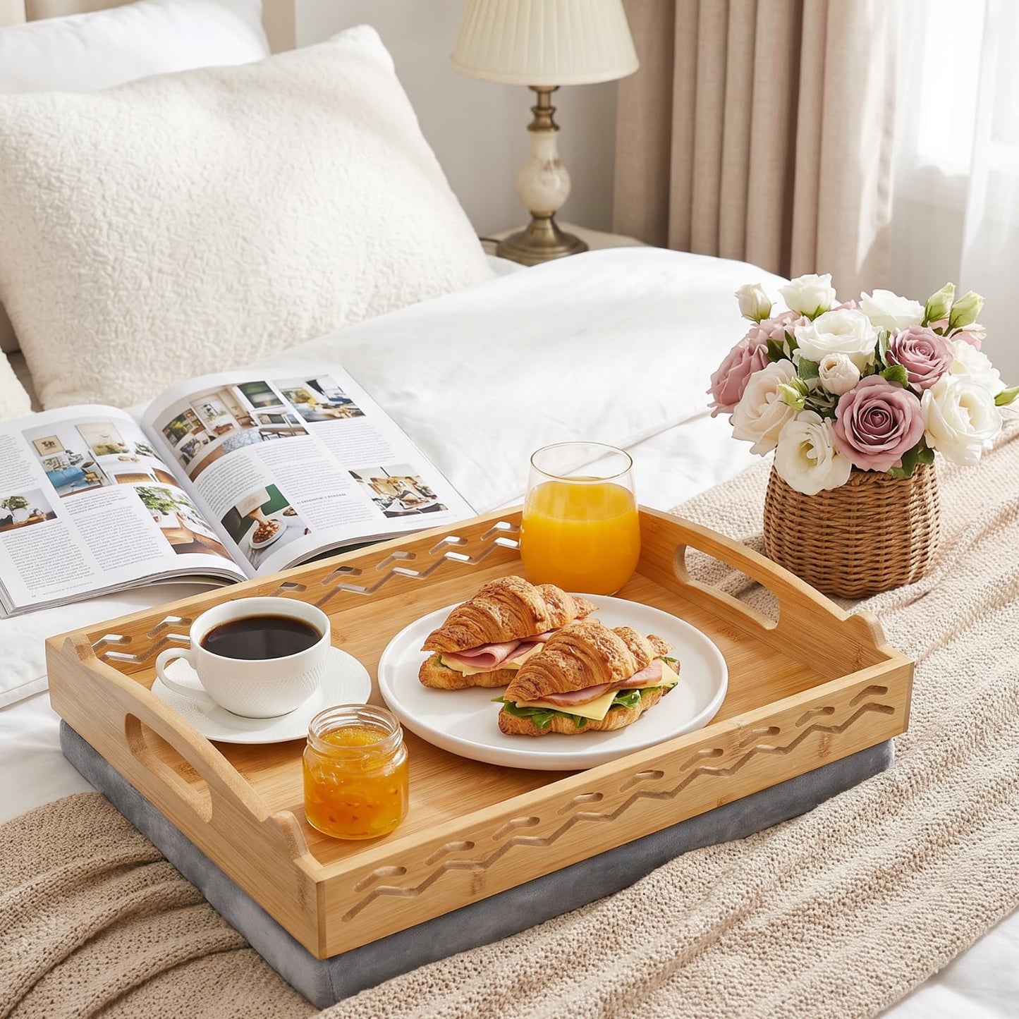 Okllen Bamboo Lap Tray with Detachable Cushion & Handles, 16"x12.2" Breakfast Bed Tray for Eating, Recliner/Sofa/Bed, Housewarming Gift