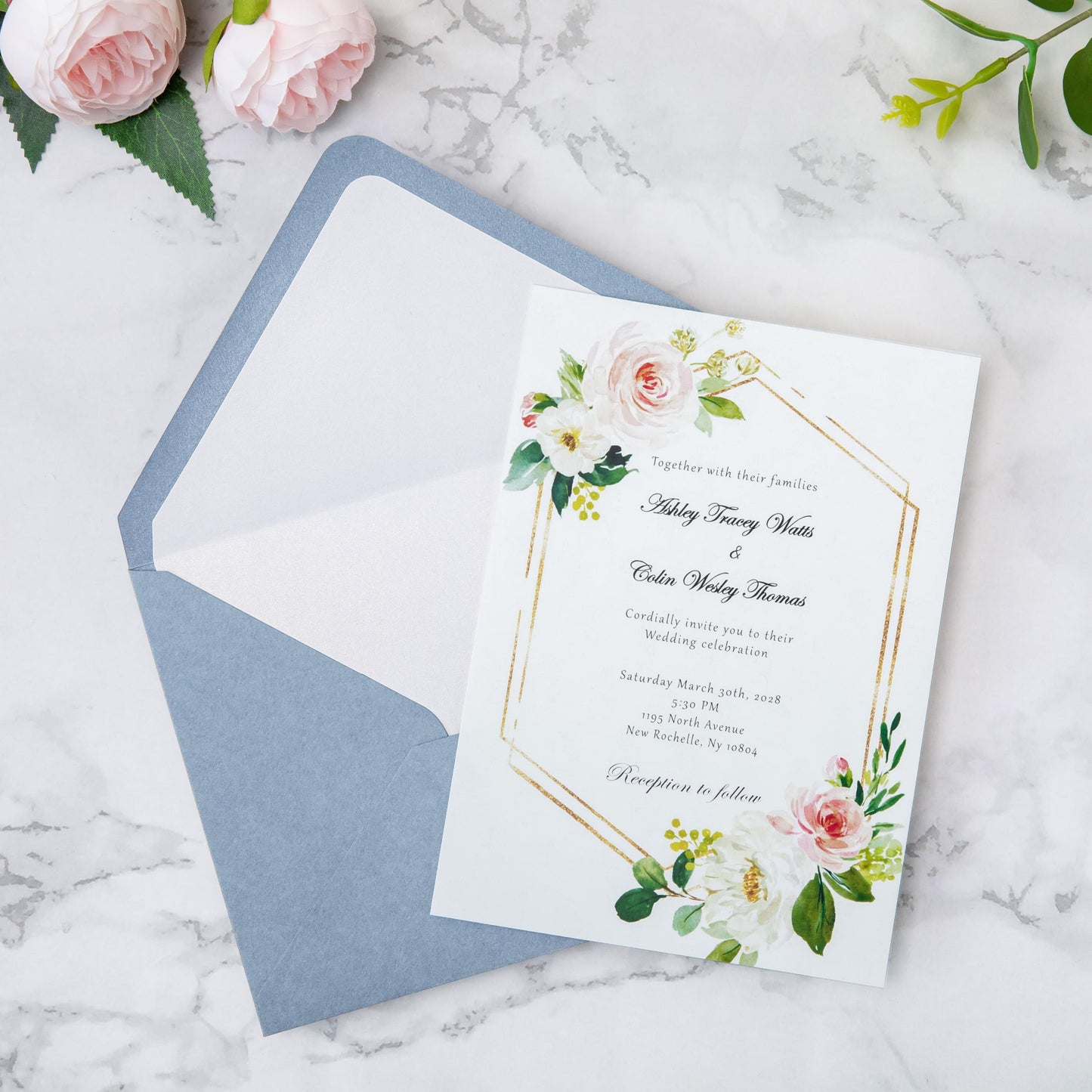 PONATIA 50 Pieces/lot A7 Envelopes, 5.25 X 7.5 Inches Dusty Blue Envelopes Perfect For 5x7 Weddings Invitation Cards, Christmas Gift Cards (Pearl White Liner + Dusty Blue)