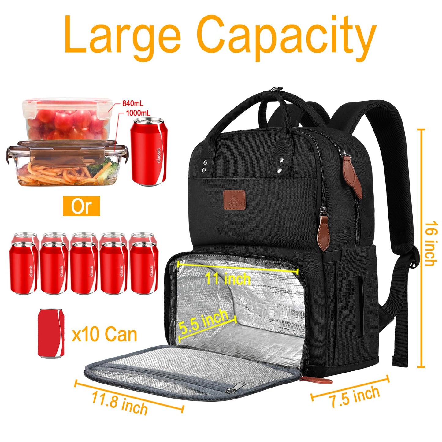 MATEIN Lunch Backpack for Women, Insulated Cooler Backpack with USB Port, 15.6 inch College Laptop Backpack Reusable Water Resistant Work Backpack for Work Beach Camping Picnics Hiking Womens Gift