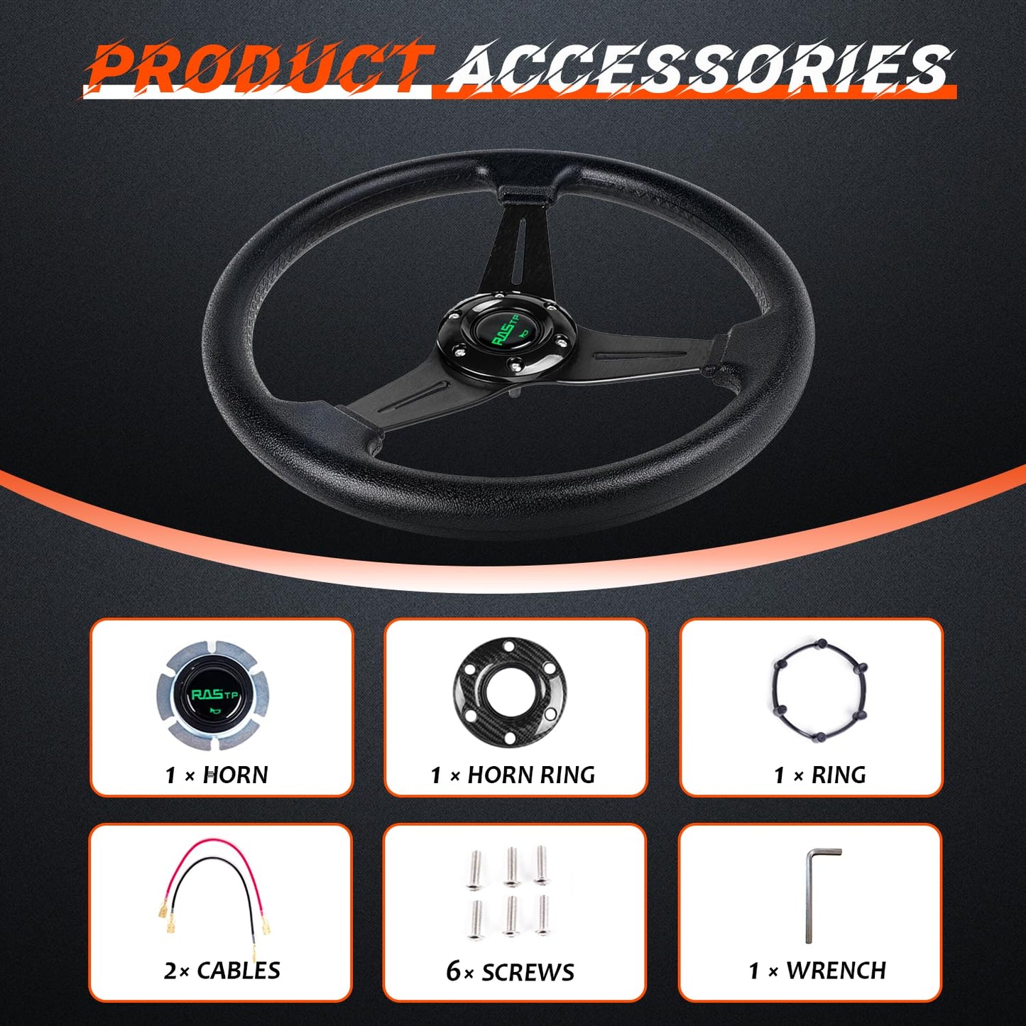 RASTP Universal Racing Steering Wheel 13.8”/350mm 6 Bolts Grip Vinyl Leather & Aluminum with Horn Button for Car -Black