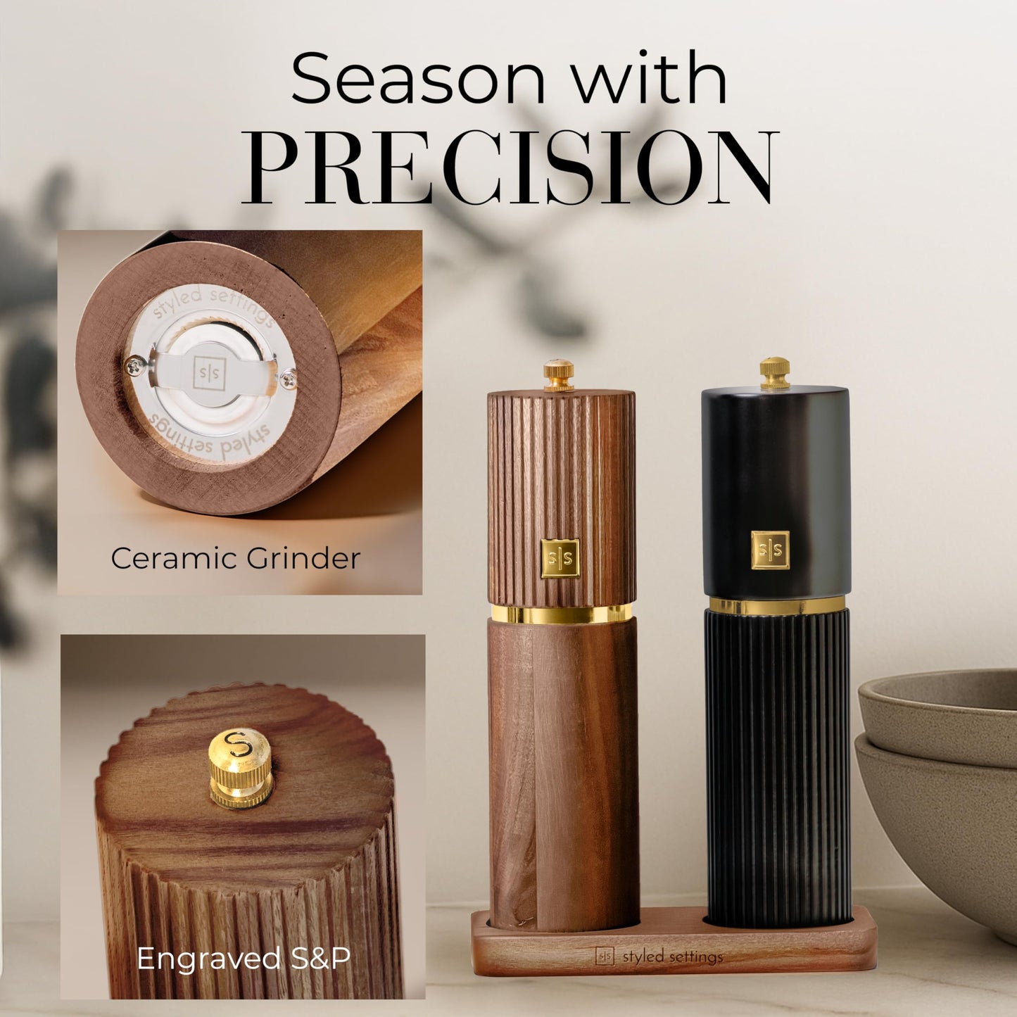 Wooden Salt and Pepper Grinder Set – Refillable Manual Salt and Pepper Mills with Adjustable Ceramic Burrs, Gold Detailing, and Acacia Wood Stand – Ideal Kitchen Gift
