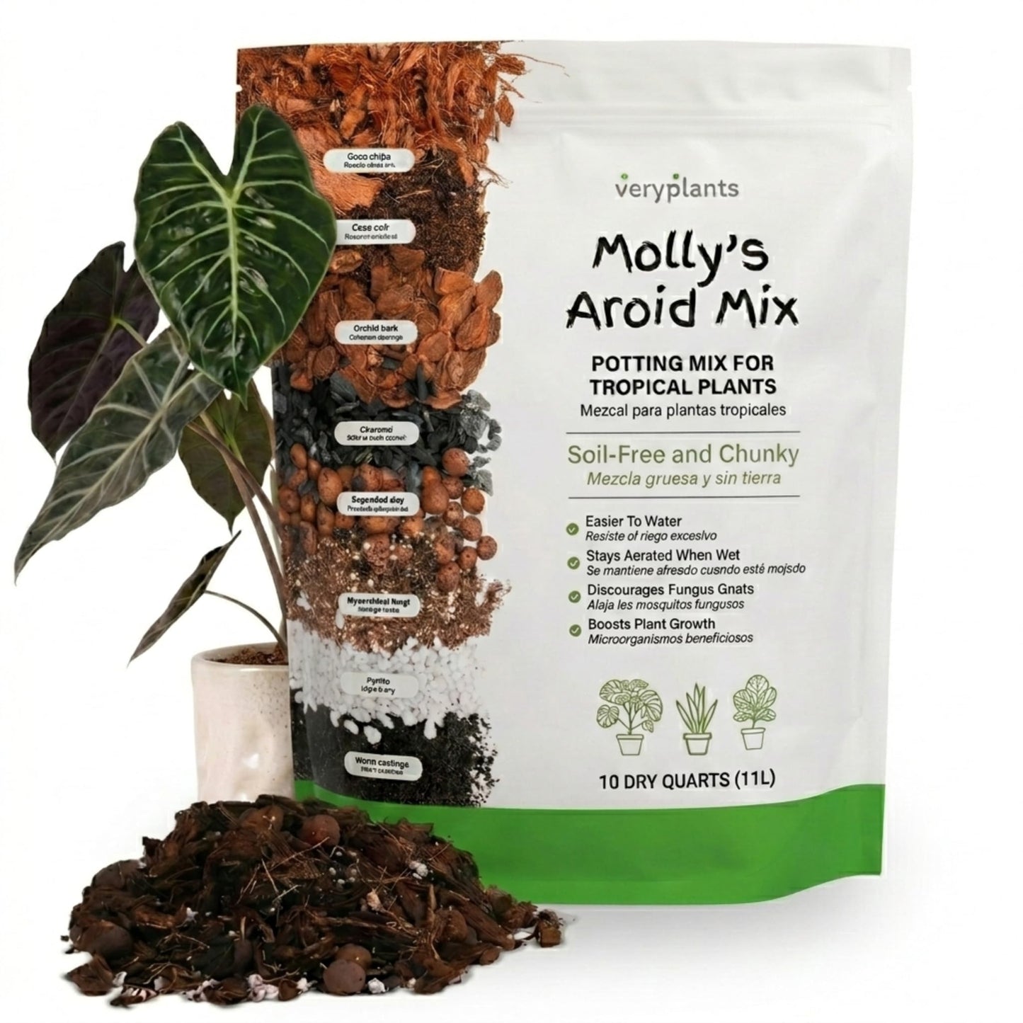 Molly's Aroid Mix - Premium Soilless Potting Mix for Houseplants - Fast Draining Soak Up & Chunky vs. Potting Soil for Indoor Plants - with Bark, Coco Chips, Worm Castings, Mycorrhizae 11 Liters