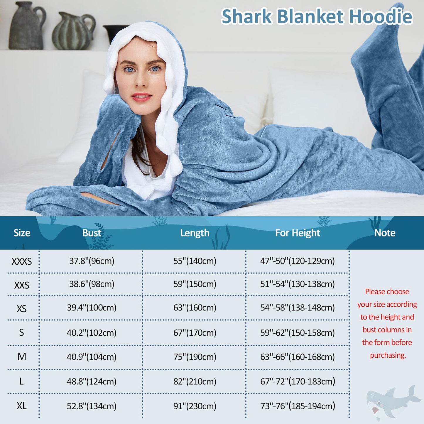 Ambitelligence Shark Blanket Hoodie Onesie for Adults and Kids, Cozy Flannel Shark Costume Sleeping Bag Grey