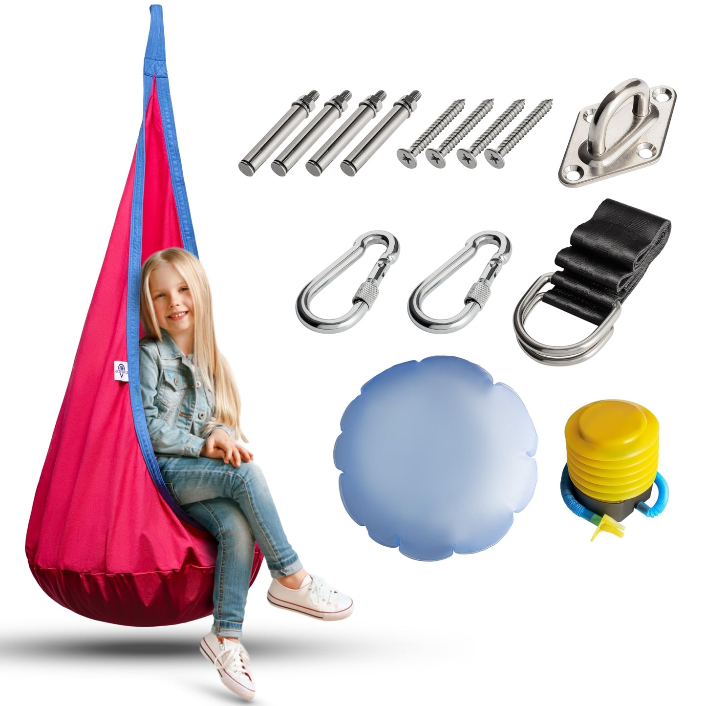 ACTIVITIS Kids Pod Swing Seat, Child Hanging Hammock Chair with Inflatable Seat Cushion, Sensory Room Swing Seat for Indoor and Outdoor Use with Inflatable Pillow, 100% Cotton, Durable Portable