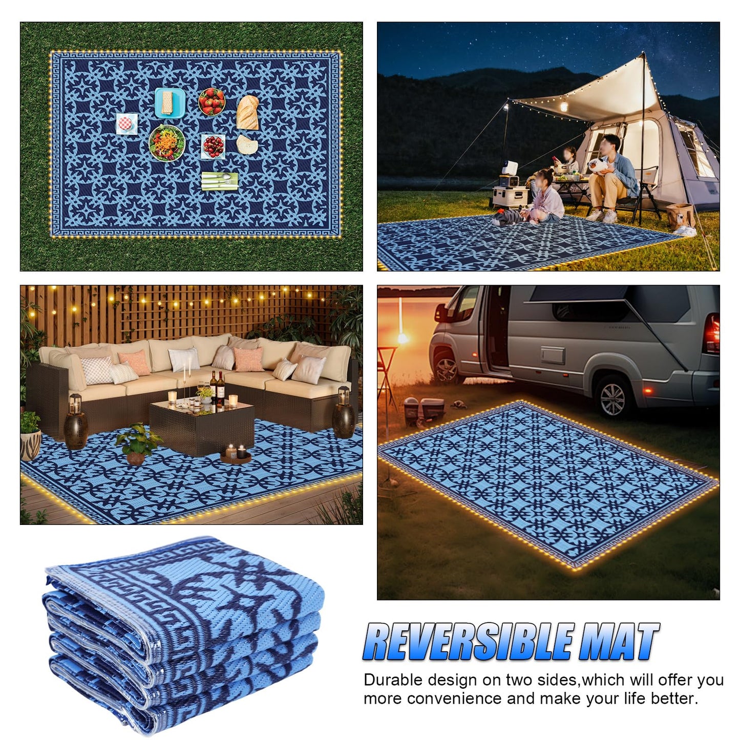 TIPHOPE 9X6 FT RV Outdoor Rugs with Led Light Strips,Foldable Camping Mat with Carry Bag Waterproof Reversible Mat RV Patio Mat Lightweight Large Floor Rug for RV Camping Picnic Patio-2 Year Warranty