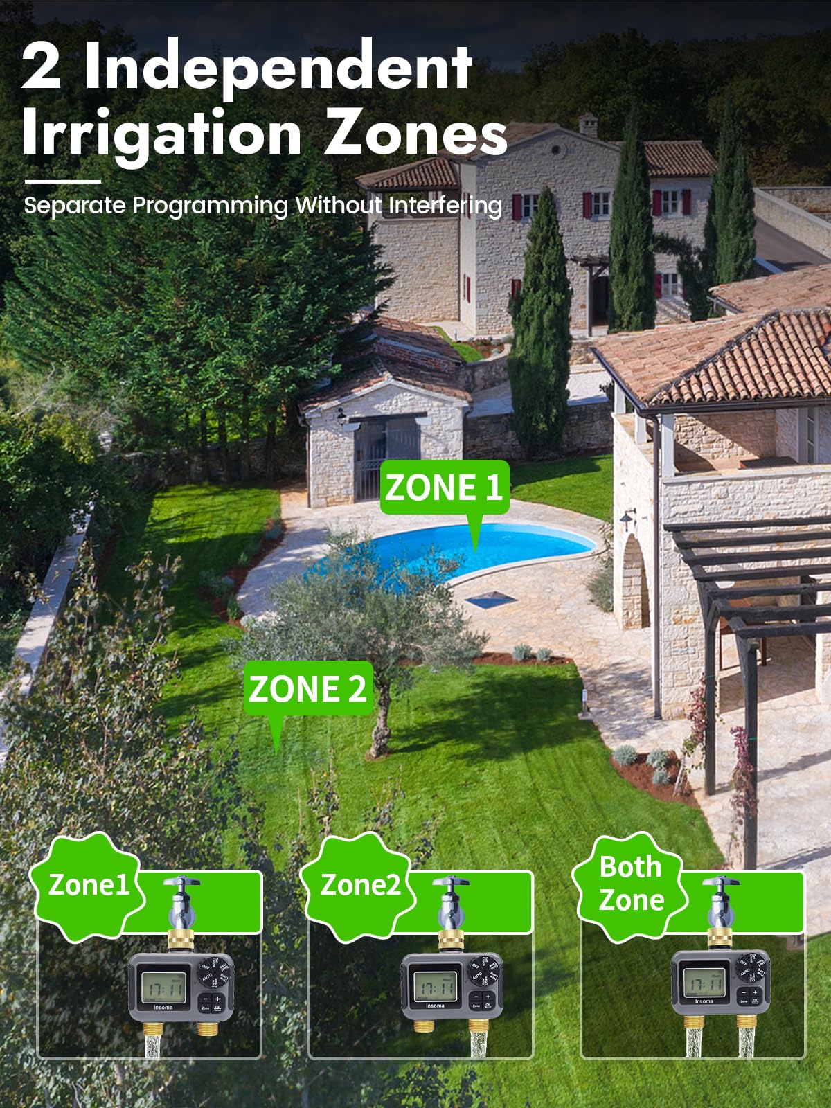 2 Zone Water Timer with Brass Swivel |Programmable Hose & Sprinkler Irrigation Timer w/Rain Delay & Auto/Manual Modes for Lawn, Garden, Drip Systems | IPX5 Waterproof & Easy Setup