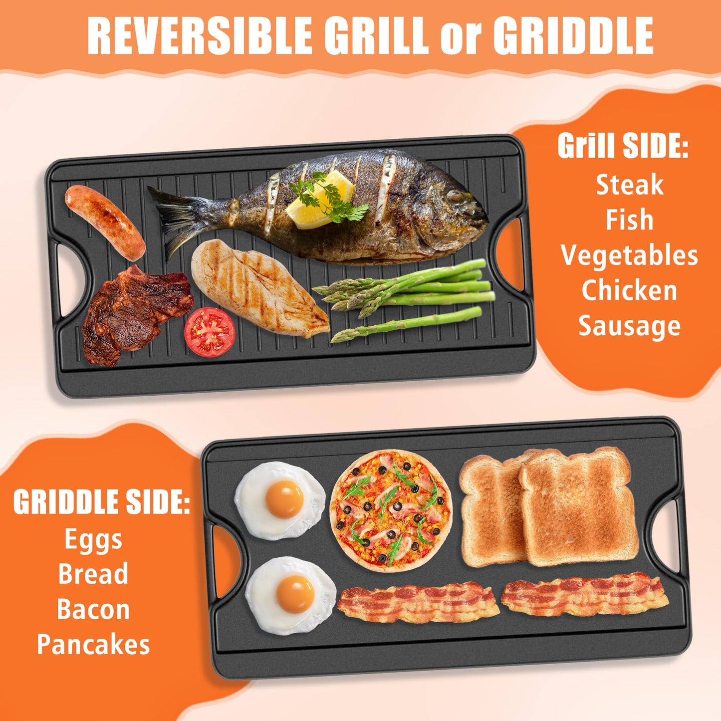 KEESHA Universal Reversible Griddle 17" x 10" Heavy Duty Cast Iron Double Burner Cooking Griddle Pan with Carrying Handles on Both Sides for Gas Stoves and Grills