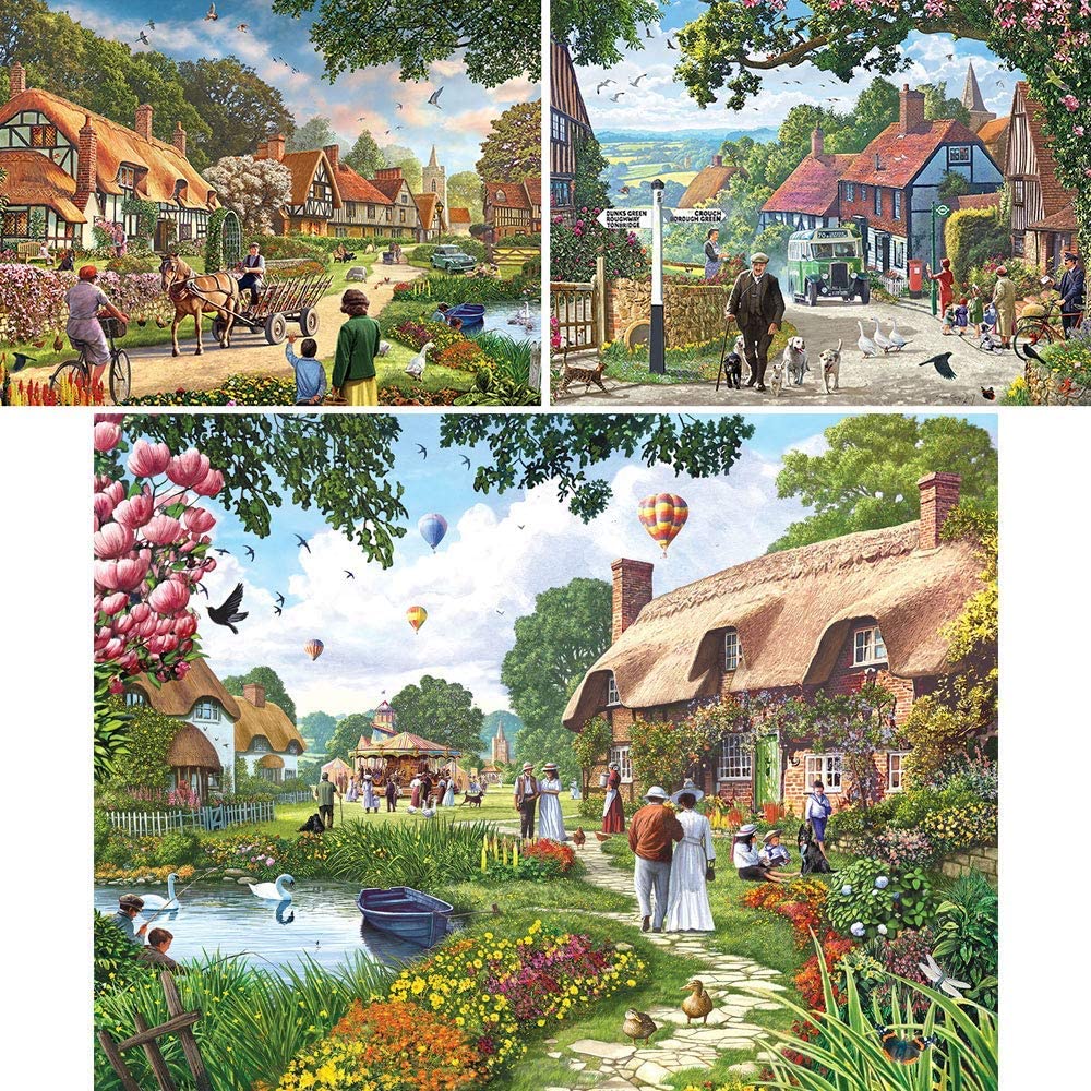 Bits and Pieces - Value Set of Three (3) 500 Piece Jigsaw Puzzles for Adults - Each Puzzle Measures - 500 pc Rural Life, Country Bus, Pond Cottage Jigsaws by Artist Steve Crisp