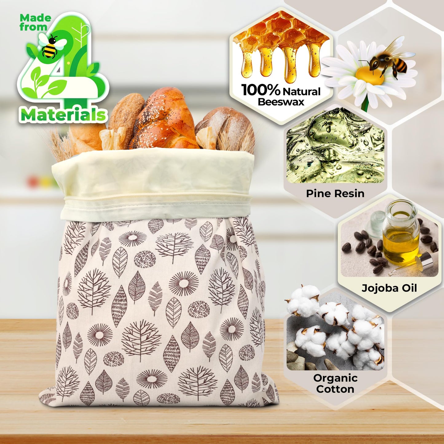 OHIYO Reusable Beeswax Bread Bags for Freezer & Refrigerator, Natural Beeswax-Lined Cotton Storage Bags Airtight Freshness Keeper for Homemade, Bakery Essentials (2 Pack)