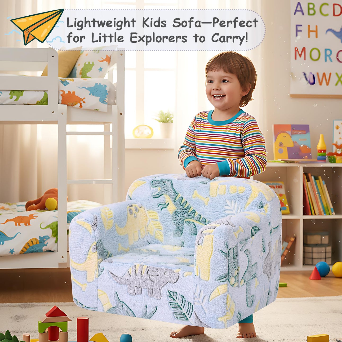Tiita Kids Sofa, Chirldren Couch with Carrying Handle & Side Pockets, Kids Foam Chair, Toddler Armrest Chair, Kids Reading Couch for Girl Or Boy, Grey Dinosaur