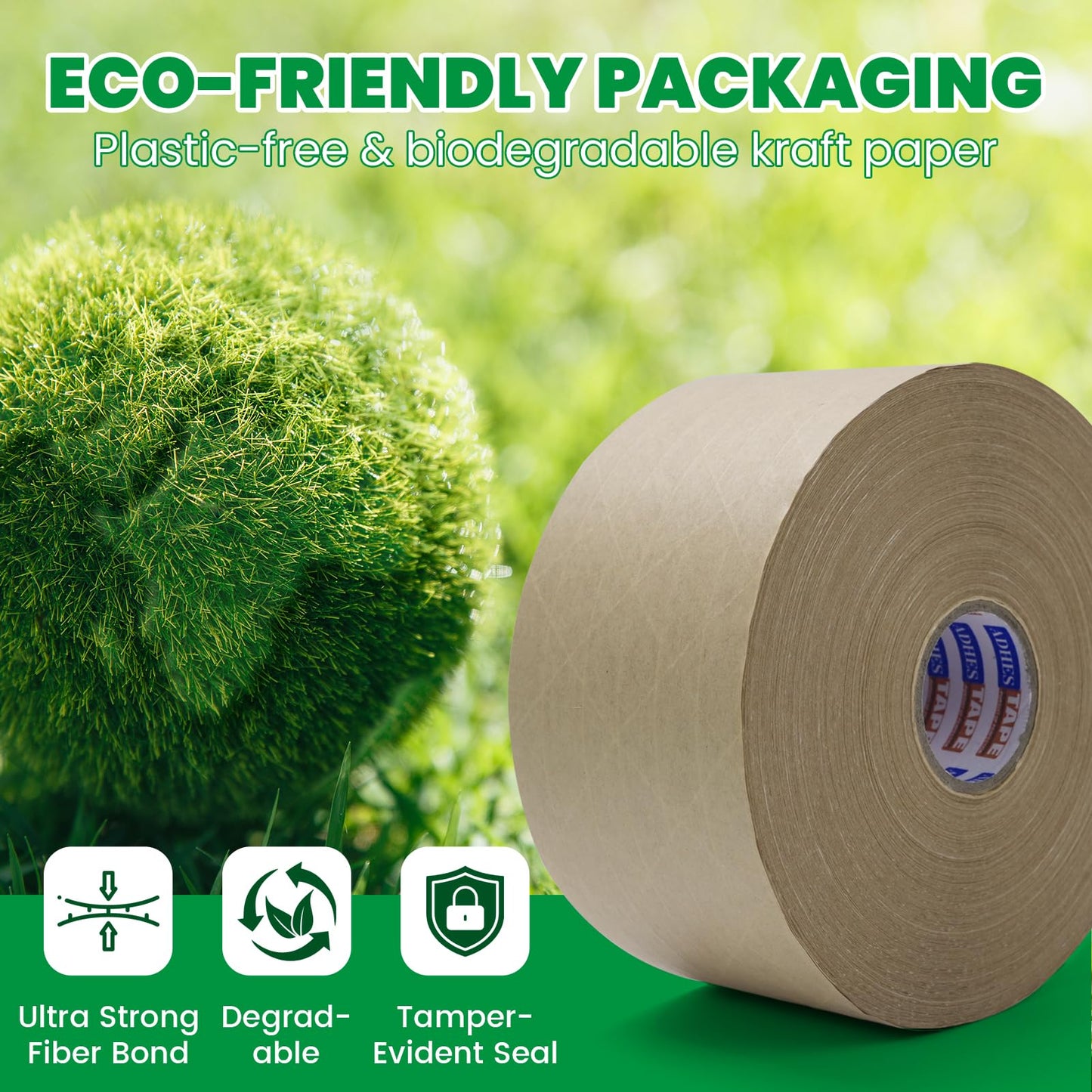 ADHES Water Activated Tape 2.83" x 110yds x 4 Rolls, Reinforced Kraft Gummed Paper Tape, Eco-Friendly, Strong Adhesive Shipping Tape for Packing, Shipping, Moving